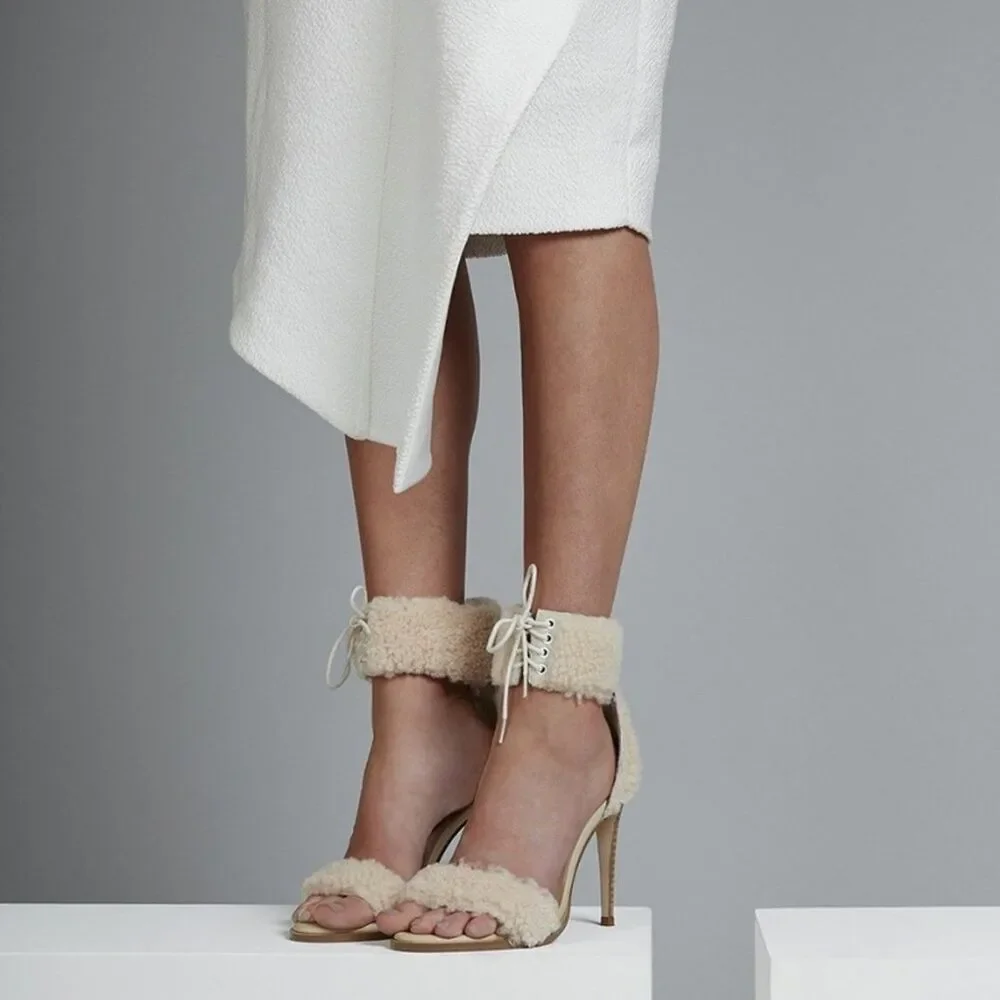 JAGGAR Transcendence Shearling Fur Heels in Natural Lace Up NIB Women's Size 7.5